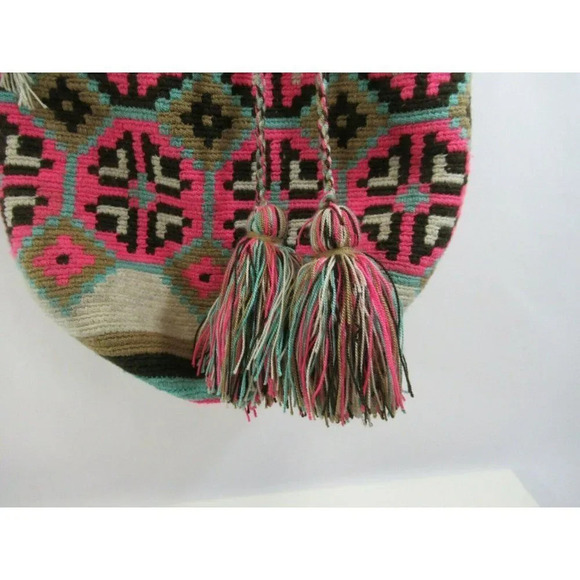 Wayúu Mochila Bag Purse Handbag Bucket Shoulder Straps Colombian Pink Teal Woven - Picture 3 of 8